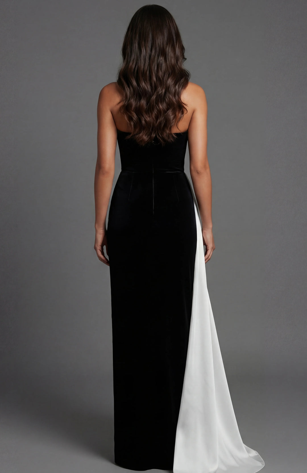 Jovani 50241 Strapless Velvet Gown With Contrast Drape - FOSTANI.com