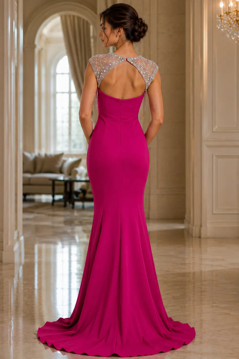 Jovani 50549 beaded illusion neckline mermaid gown with cap sleeves detail view