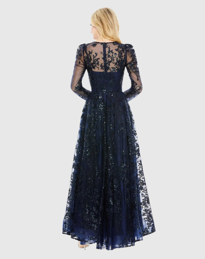Mac Duggal 50664 Embroidered Illusion High Neck A Line Dress