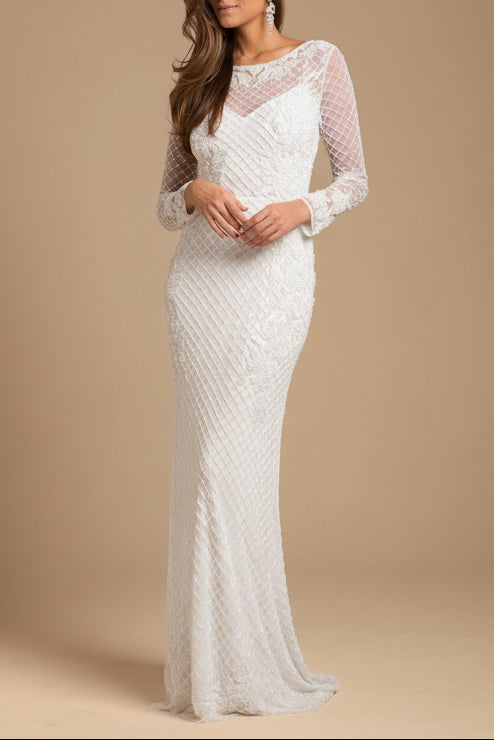 Lara 51004 high neck long sleeve beaded wedding gown, front view