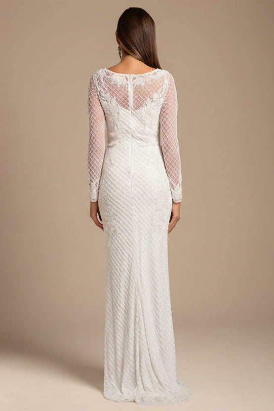 Lara 51004 high neck long sleeve beaded wedding gown, back view