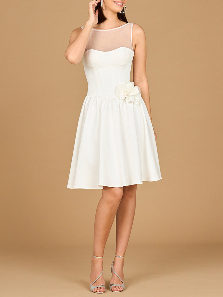 Lara 51204 Illusion Neck Bridal Midi Dress - FOSTANI.com