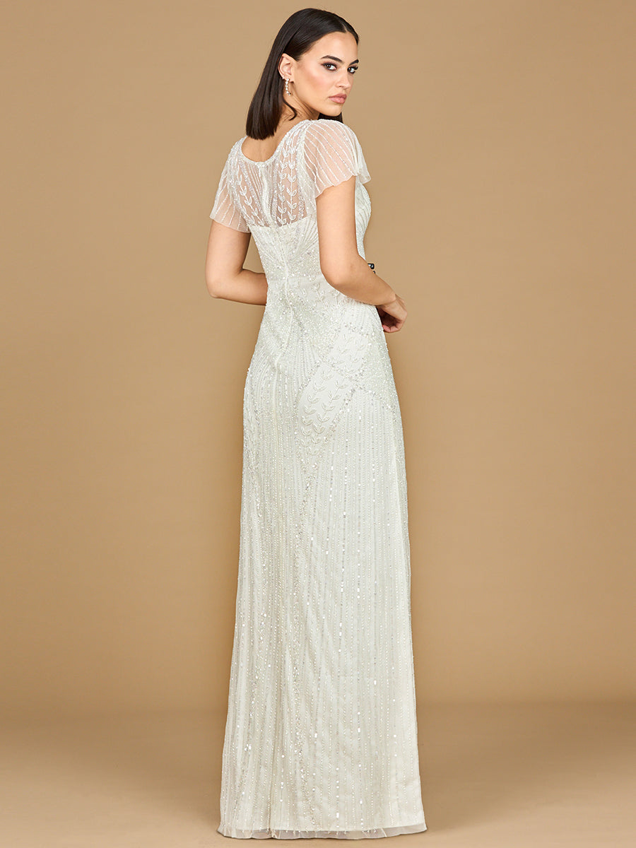 Lara 51219 beaded flutter sleeve wedding gown, back view