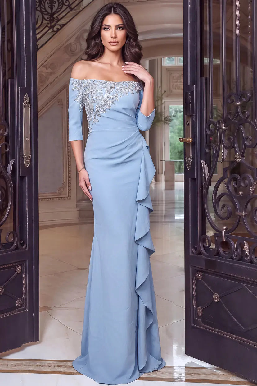 Jovani 51731 off the shoulder mermaid gown with cascading ruffle skirt back view