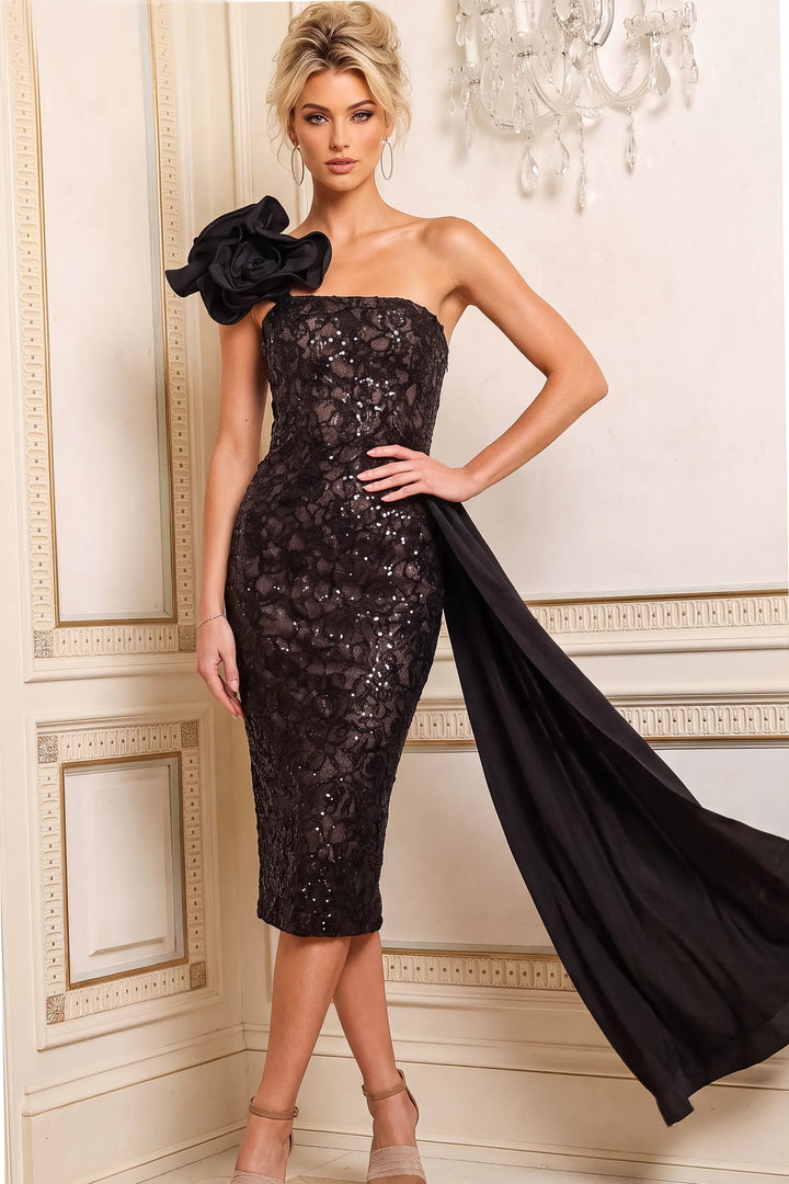 Jovani 51988 strapless floral jacquard column gown front view
