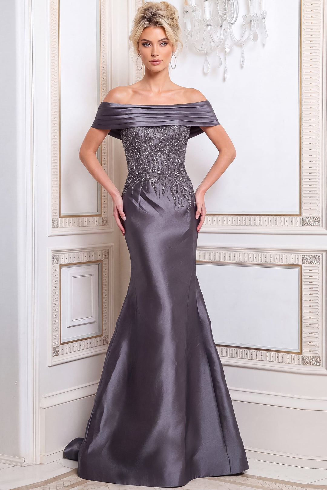 Jovani 52036 off-the-shoulder beaded mermaid evening dress, front