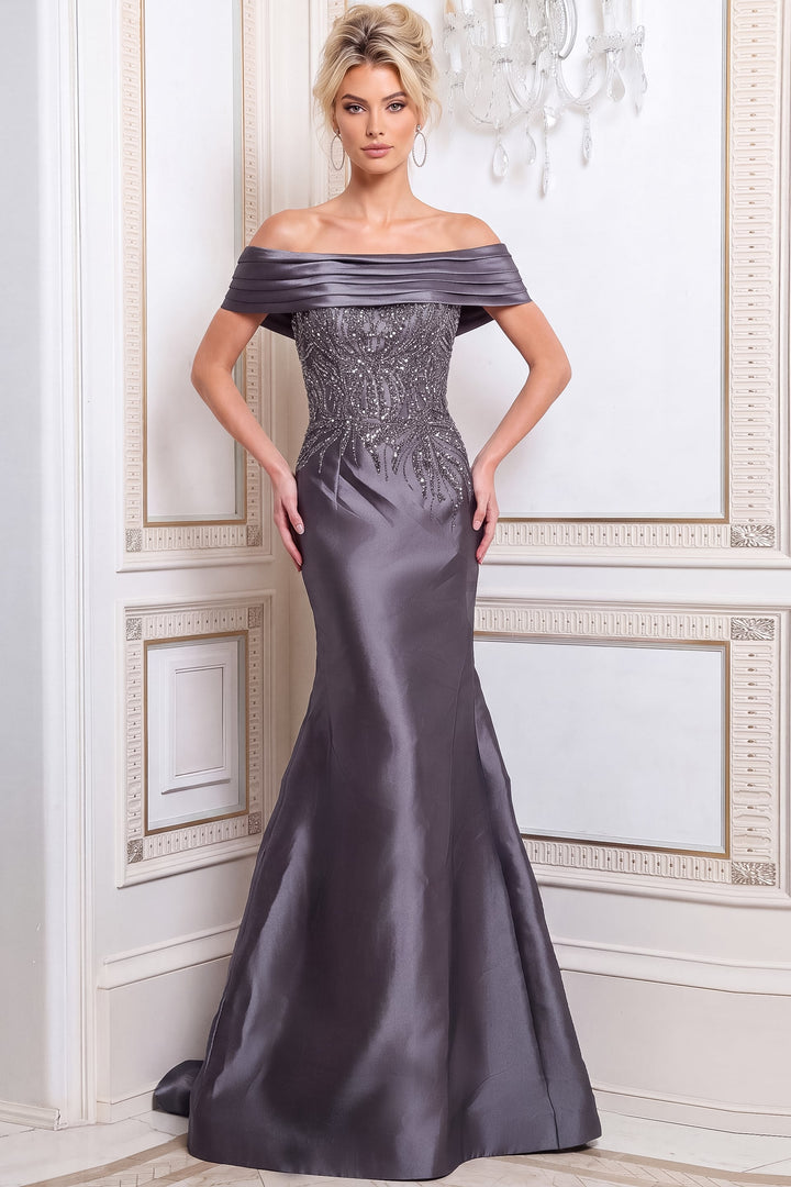 Jovani 52036 off-the-shoulder beaded mermaid evening dress, front