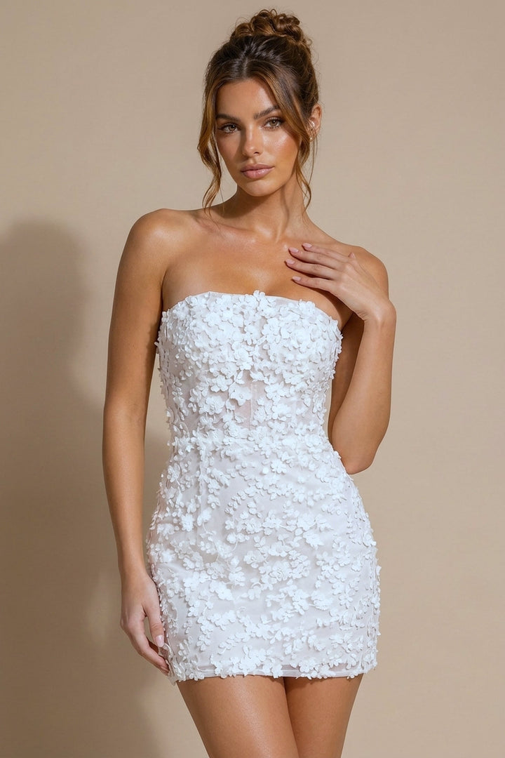 Jovani 52072 Strapless 3D Floral Applique Mini Dress