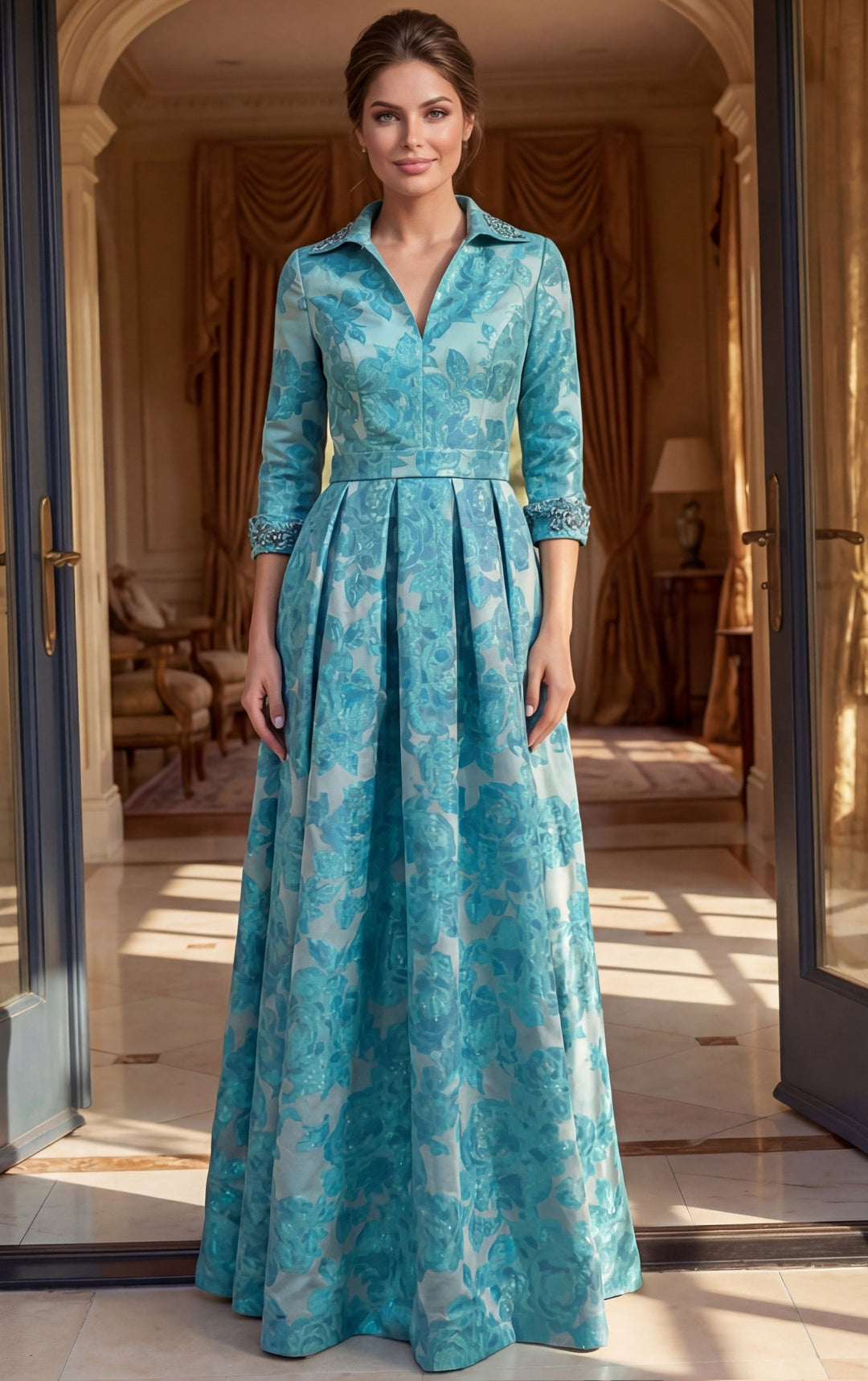 Jovani 52089 collared long sleeve floral A-line evening dress, front