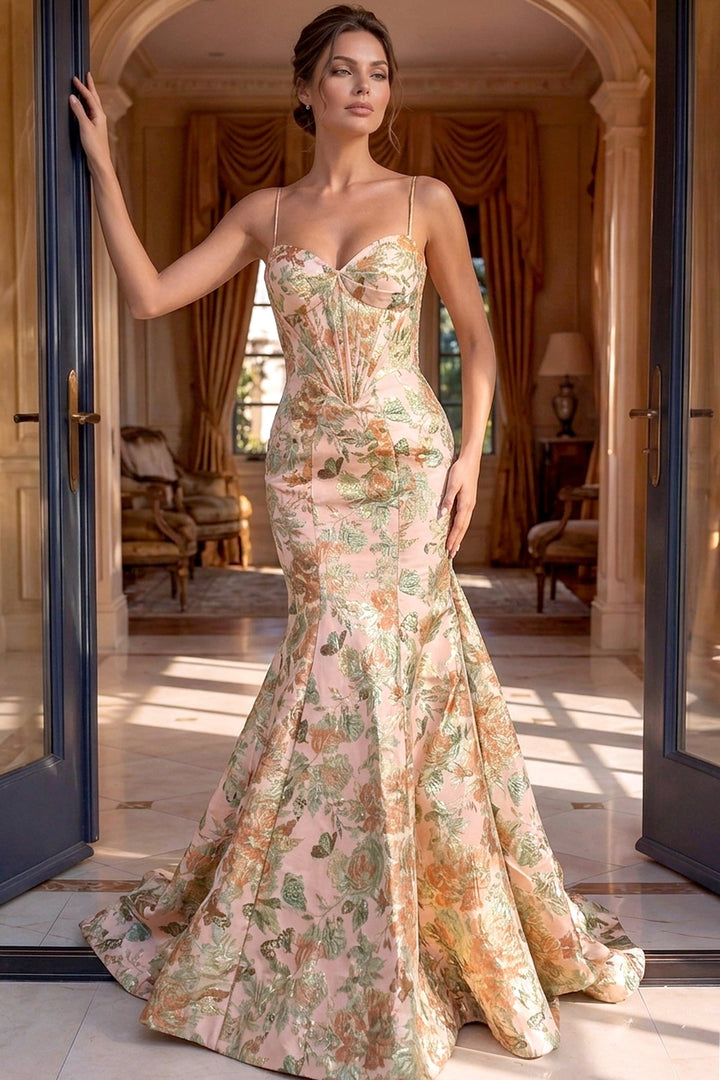 Jovani 52175 sweetheart corset tiered floral trumpet gown, front
