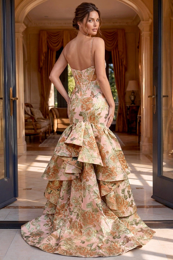Jovani 52175 tiered skirt and train detail