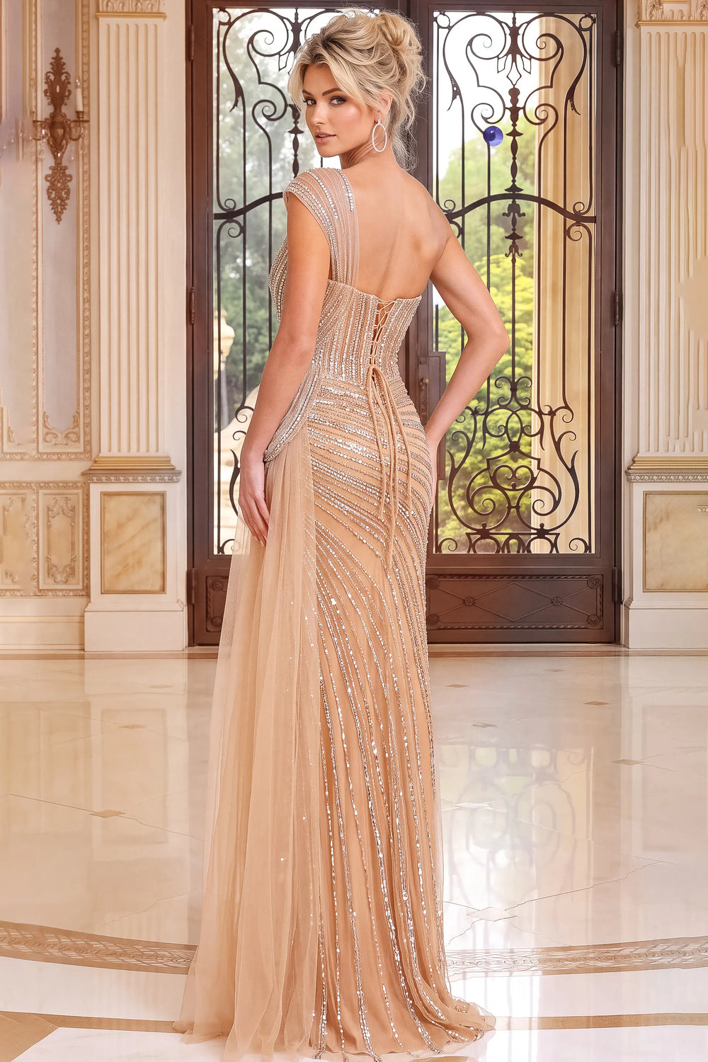 Jovani 52230 one-shoulder illusion beaded column gown back view