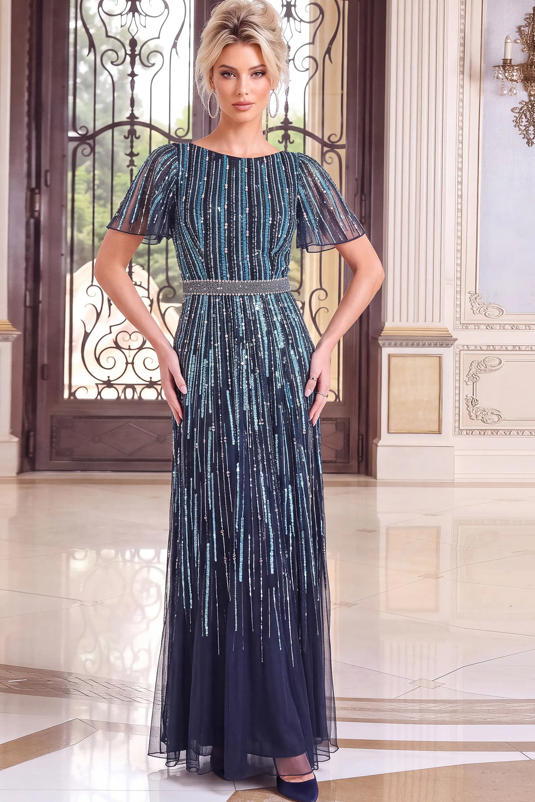 Jovani 52501 boat neck beaded stripe column evening gown view 2