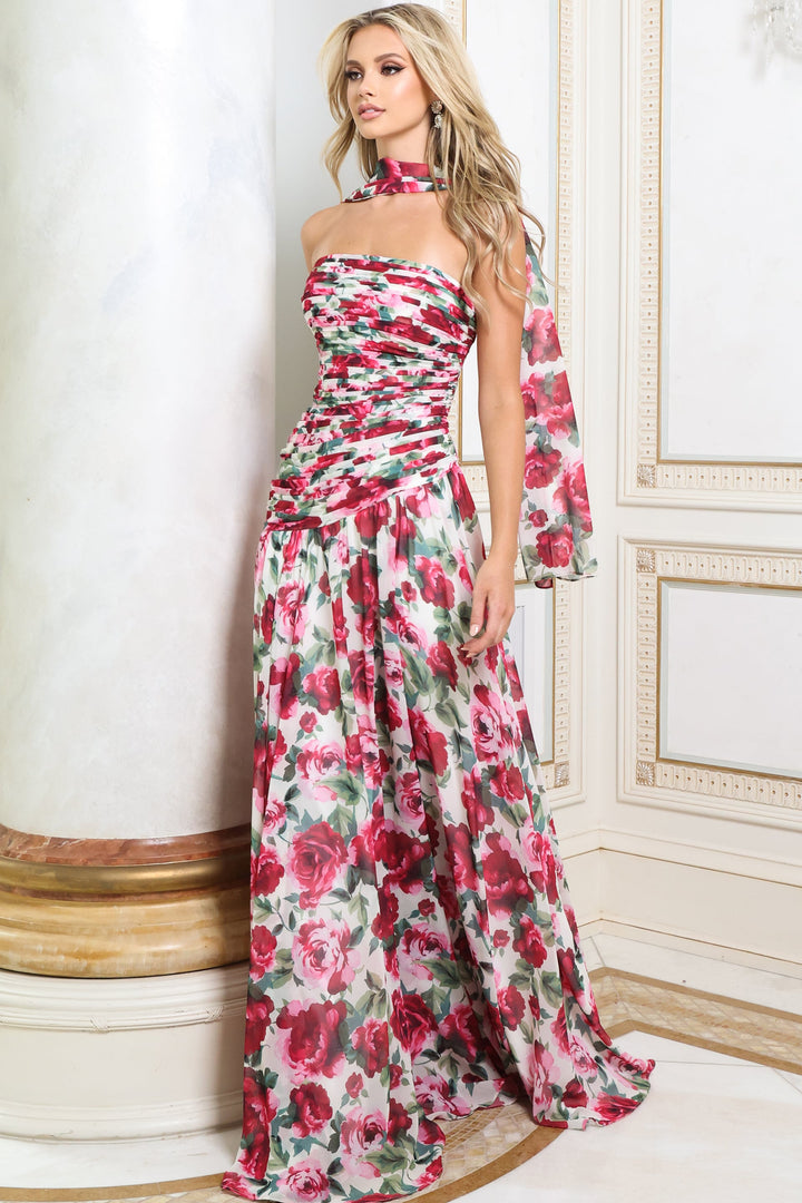 Jovani 52658 Strapless Rose Print A-Line Gown with Neck Scarf front view
