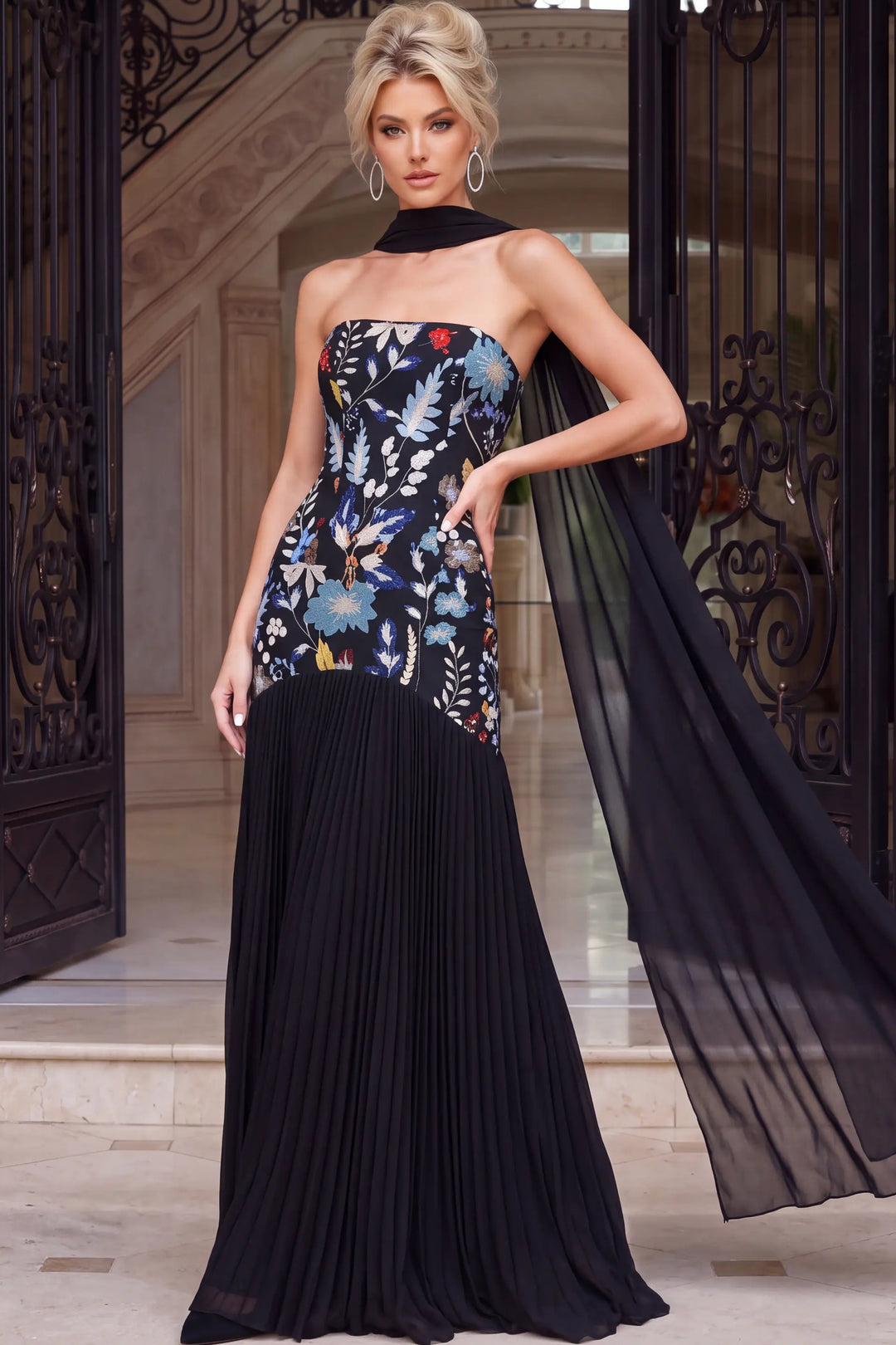 Jovani 54322 strapless floral print pleated A-line gown view 3