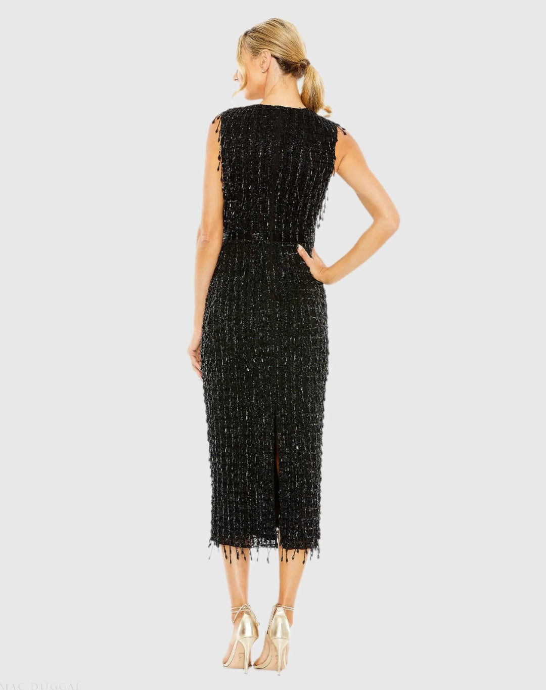Mac Duggal 5471 Black Sleeveless High Neck Beaded Midi Sheath Dress