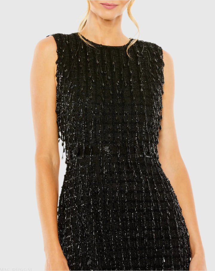 Mac Duggal 5471 Black Sleeveless High Neck Beaded Midi Sheath Dress