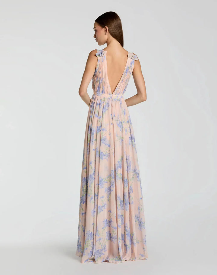 Mac Duggal 9955321P Petite Pink Sleeveless Pleated Chiffon V-Neck Gown