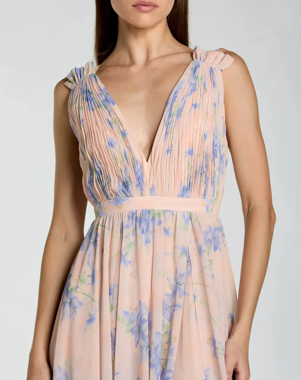 Mac Duggal 9955321P Petite Pink Sleeveless Pleated Chiffon V-Neck Gown