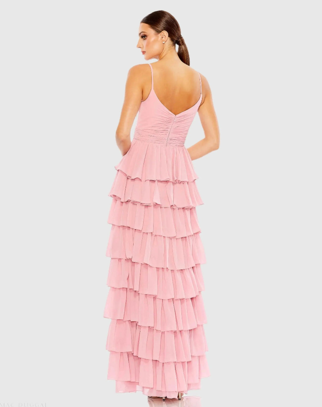 Pink V-Neck Sleeveless Gown with Ruffled Skirt - FOSTANI.com