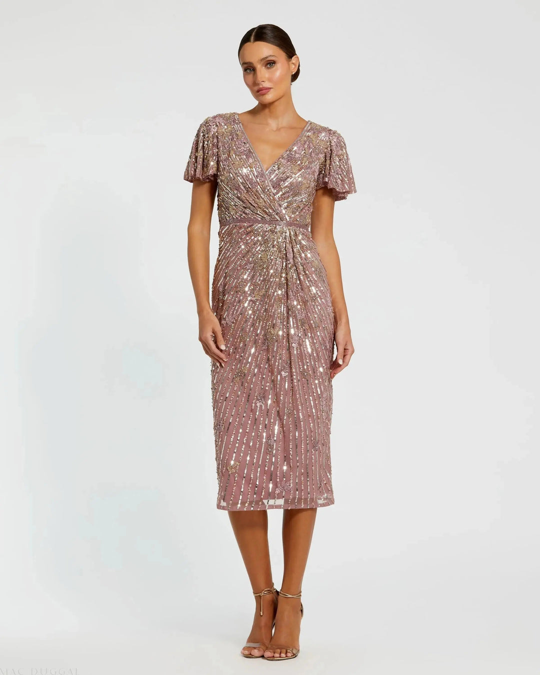 Mac Duggal 5582 Embellished Faux Wrap Flutter Sleeve Dress