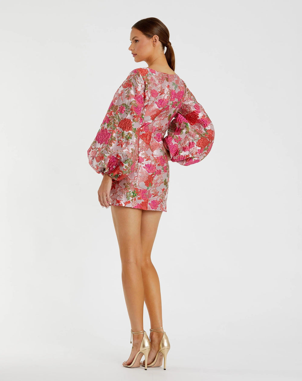 Pink Floral Brocade Balloon Sleeve Mini Dress - FOSTANI.com