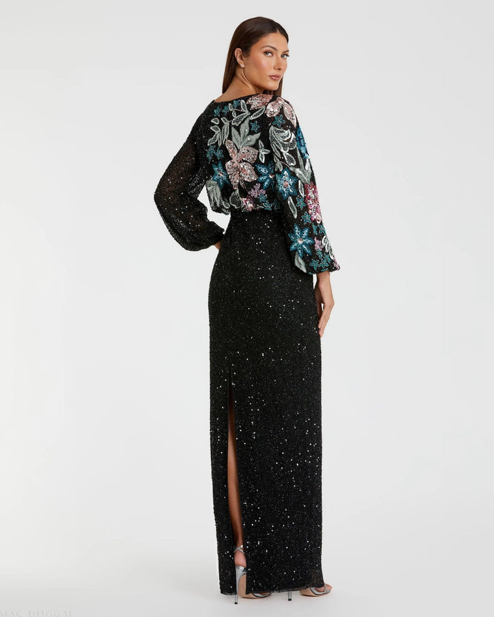 Mac Duggal 5615 High Neck Long Sleeve Sequin Evening Gown