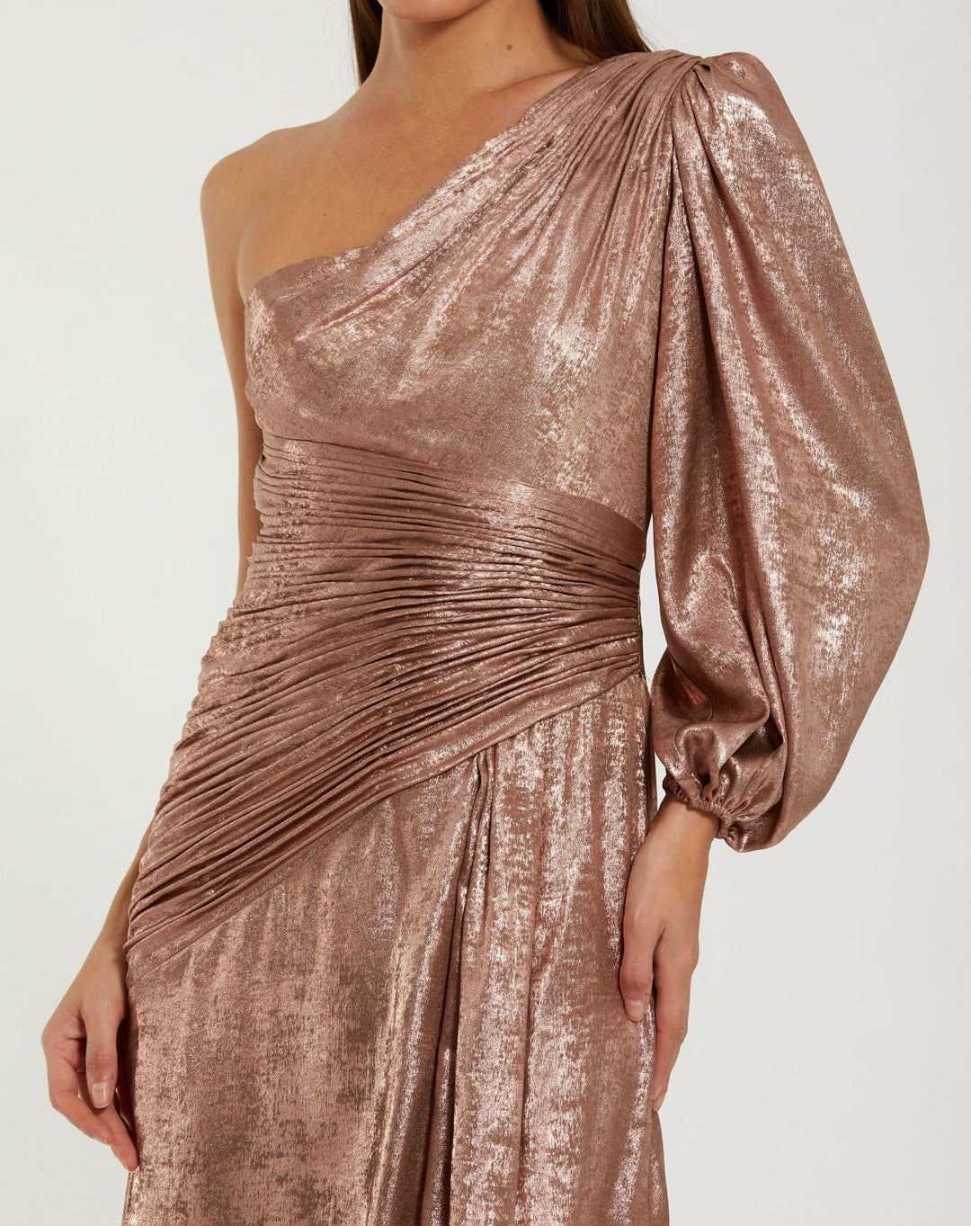 Mac Duggal 56226 Pink One Shoulder Metallic Gown With Slit