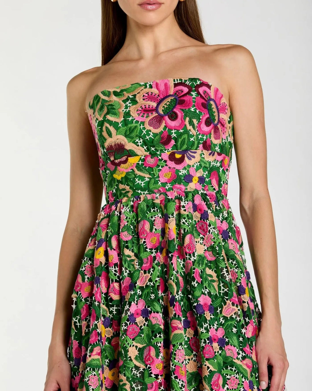 Green Strapless Floral Embroidered Midi Dress - FOSTANI.com