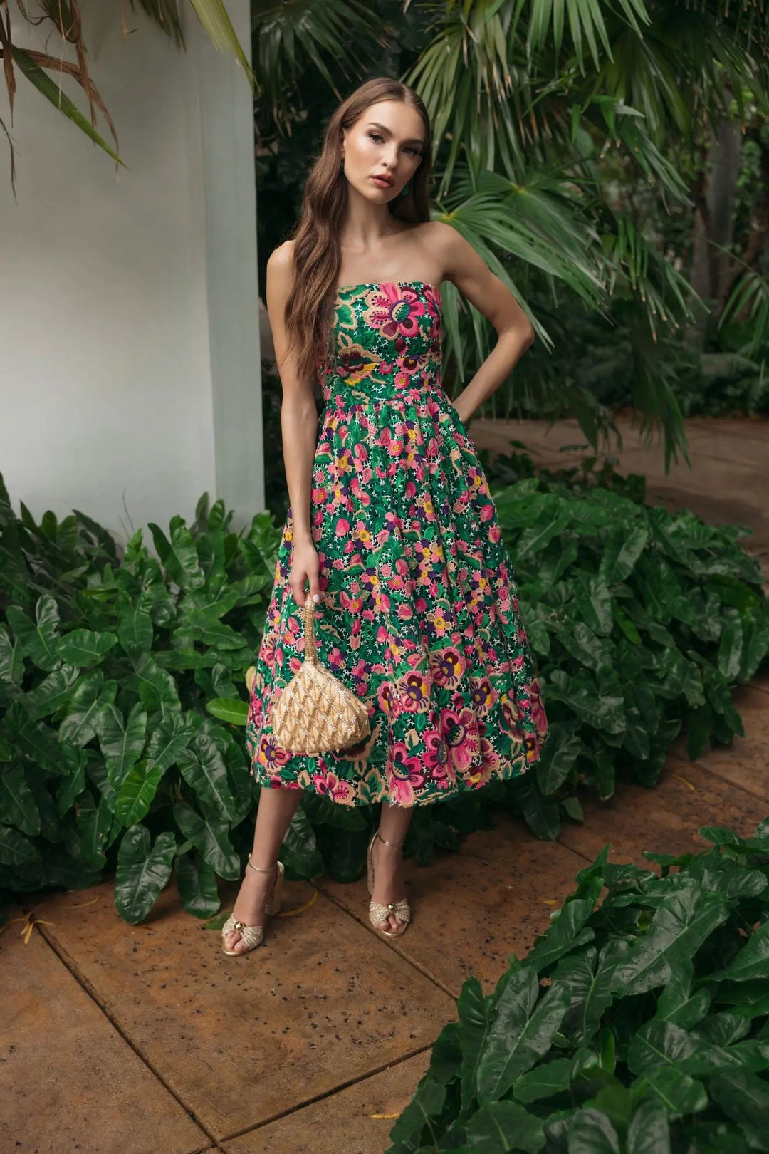 Green Strapless Floral Embroidered Midi Dress - FOSTANI.com