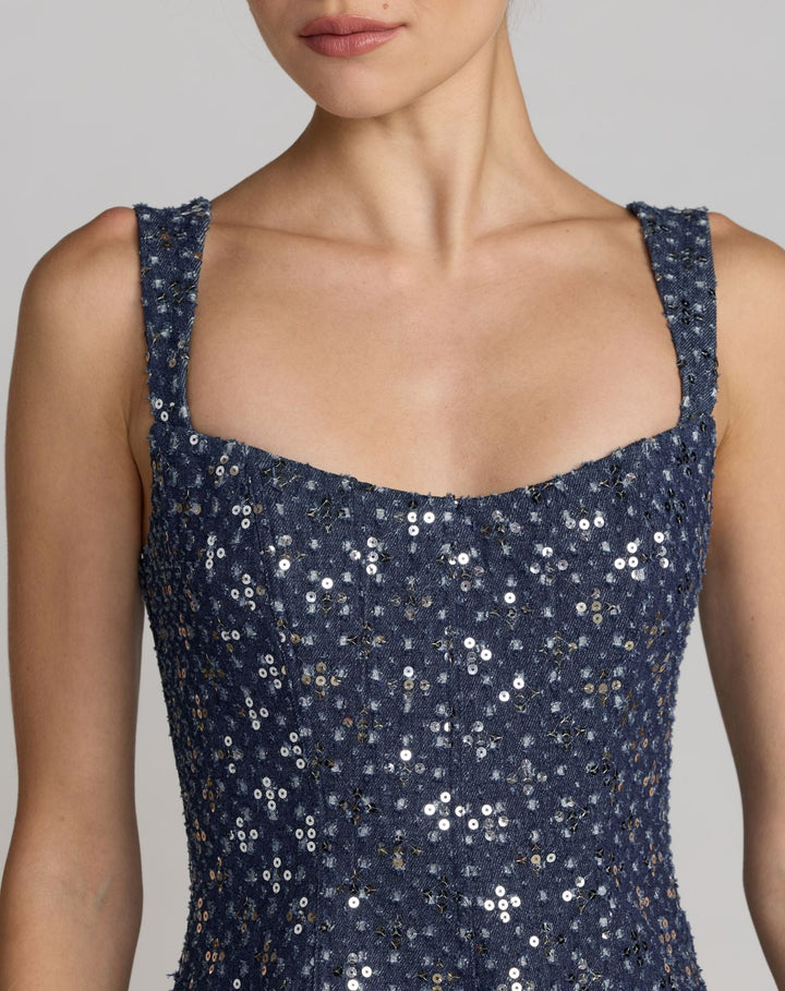 Mac Duggal 56300 Sleeveless Sequin Denim Midi Dress