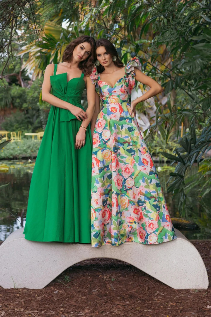 Multicolor Floral Ruffle Cap Sleeve Ball Gown - FOSTANI.com