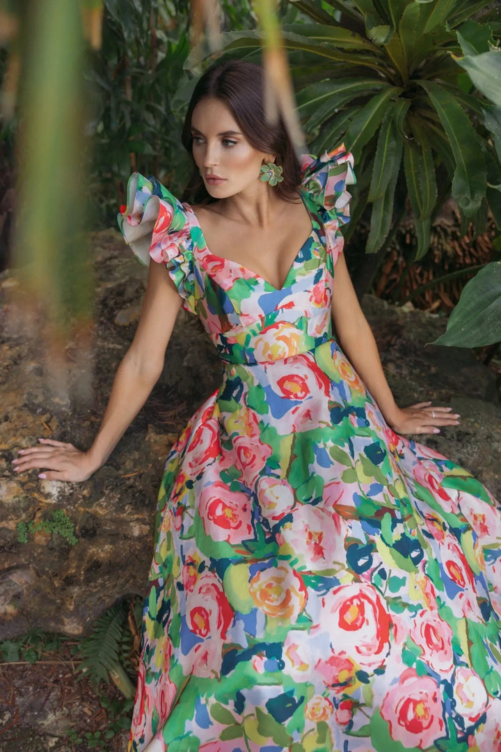 Multicolor Floral Ruffle Cap Sleeve Ball Gown - FOSTANI.com