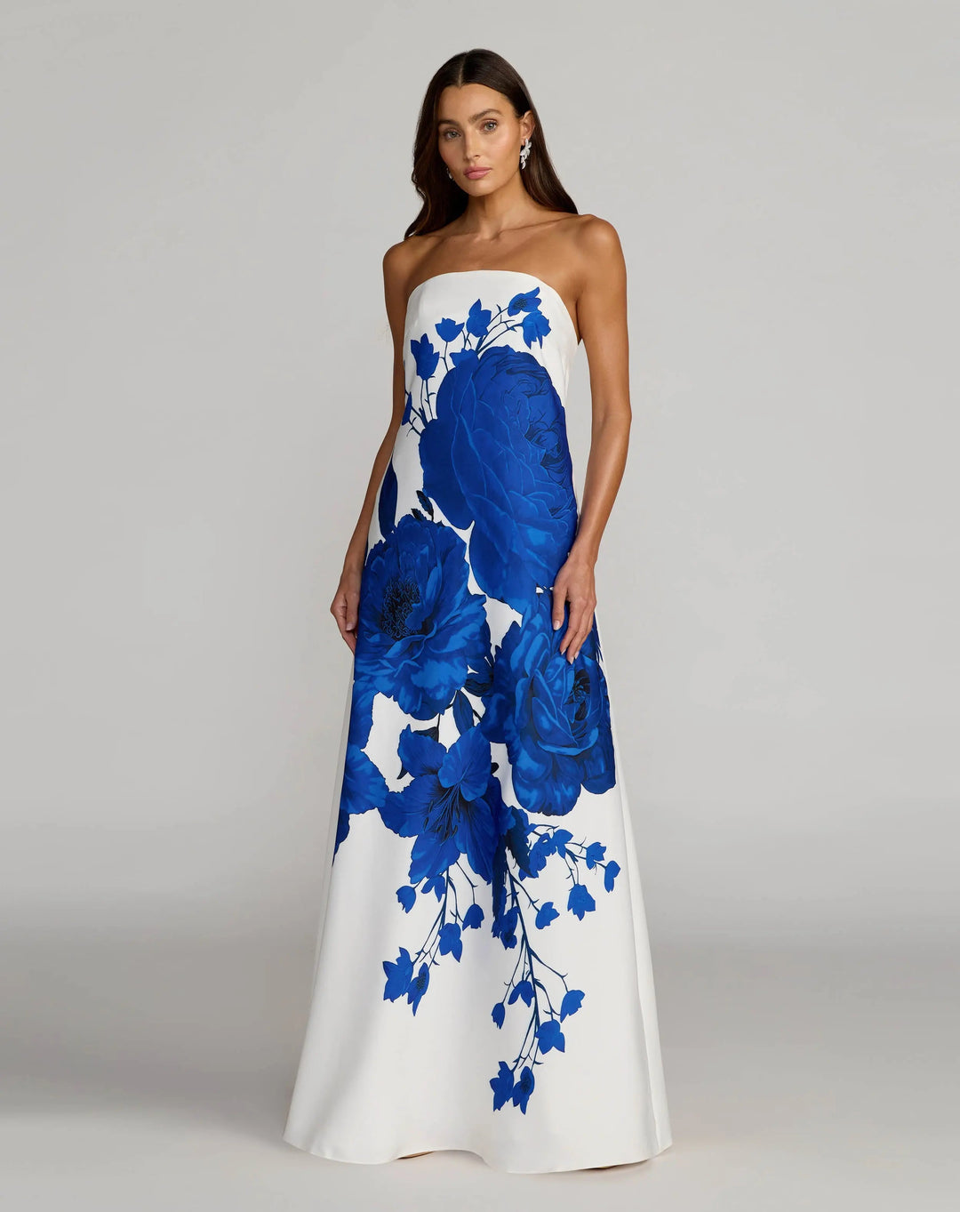 White Floral Printed Strapless Crepe Trapeze Gown - FOSTANI.com