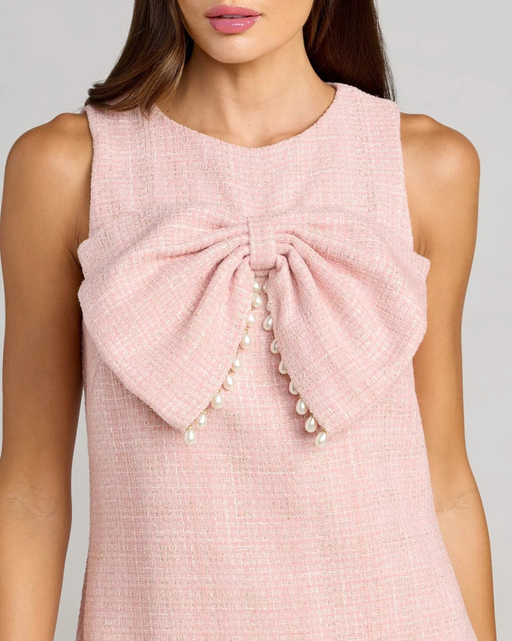 Pink Boucle Pearl Mini Dress With Bow - FOSTANI.com