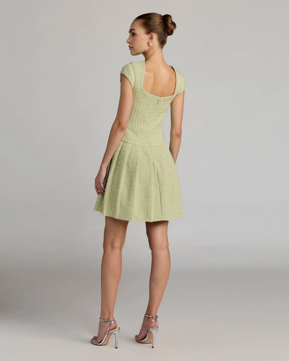 Green Tweed Cap Sleeve Pleated Mini Dress - FOSTANI.com