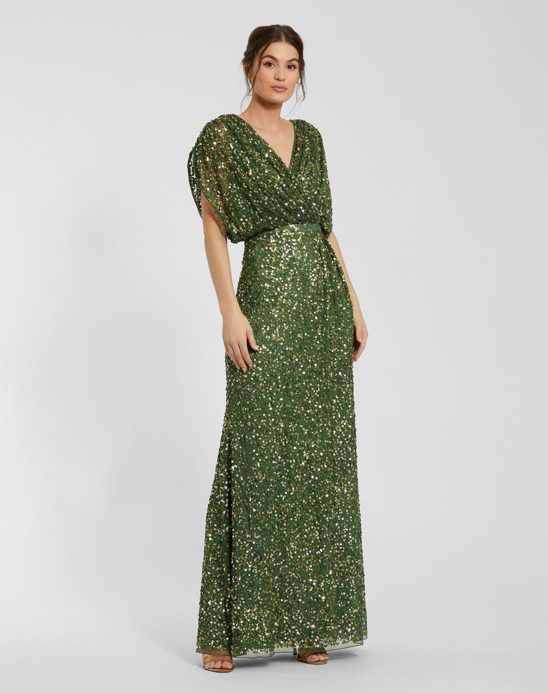 Mac Duggal 5640 Sequin Draped Sleeve V-Neck Dress