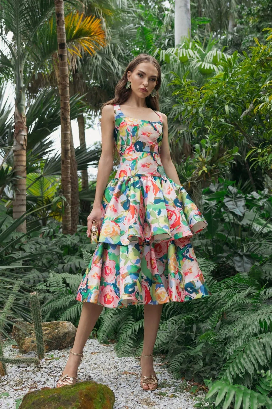 Multicolor Floral Tiered Square Neck Midi Dress - FOSTANI.com
