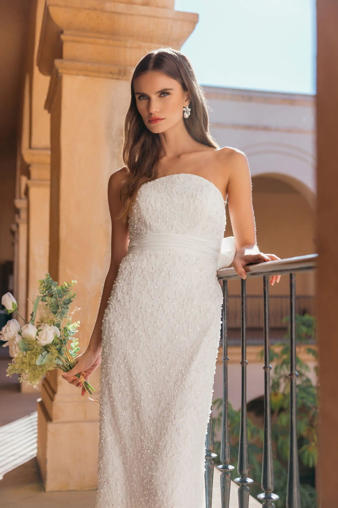 Ivory Strapless Beaded Bow Back Midi Dress - FOSTANI.com