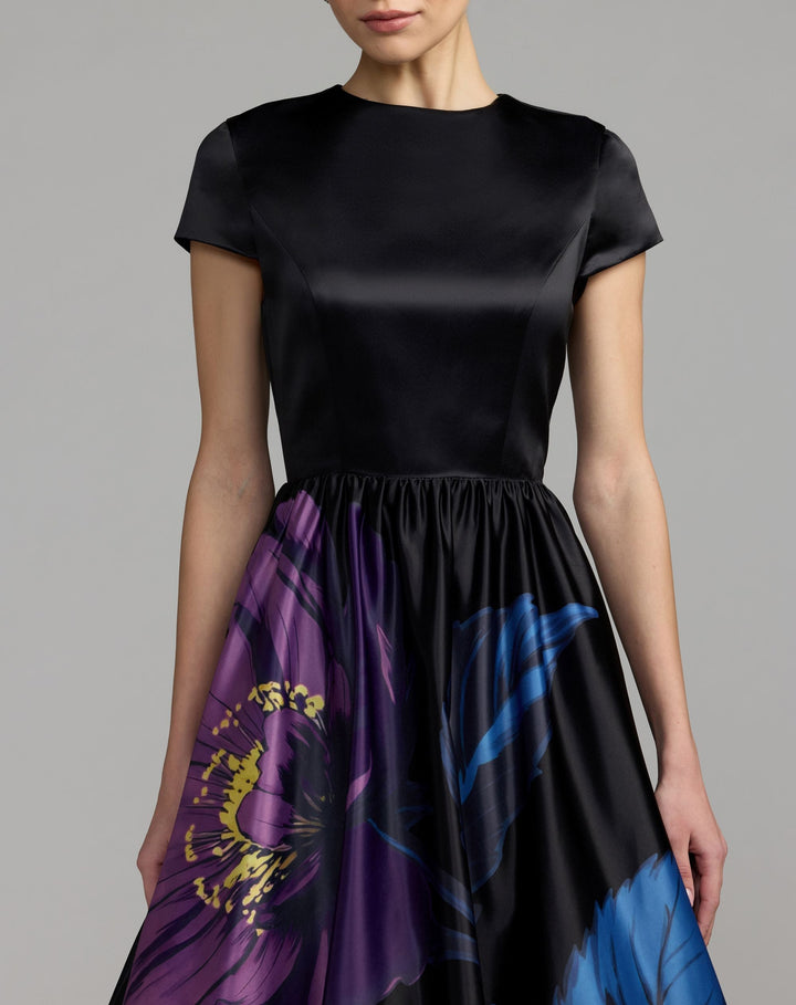Mac Duggal 56471 Satin Cap Sleeve Floral Printed A-Line Dress