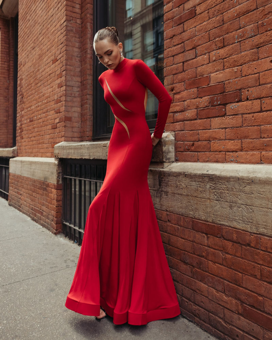 Mac Duggal 56535 Mock Neck Long Sleeve Cut Out Jersey Gown