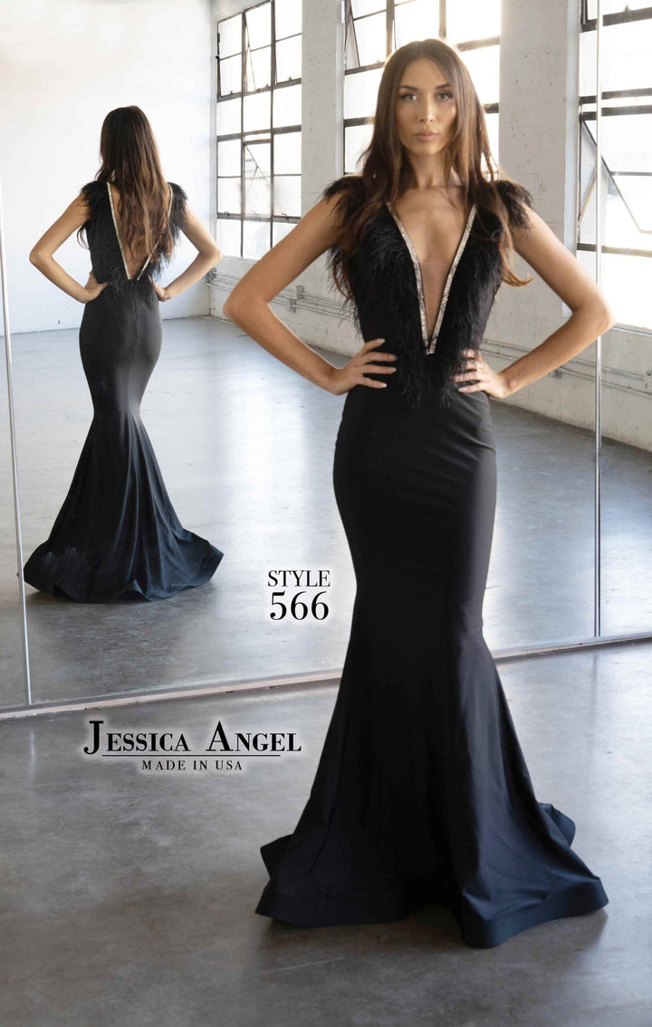 Jessica Angel 566 plunging v-neck feather gown front view 2