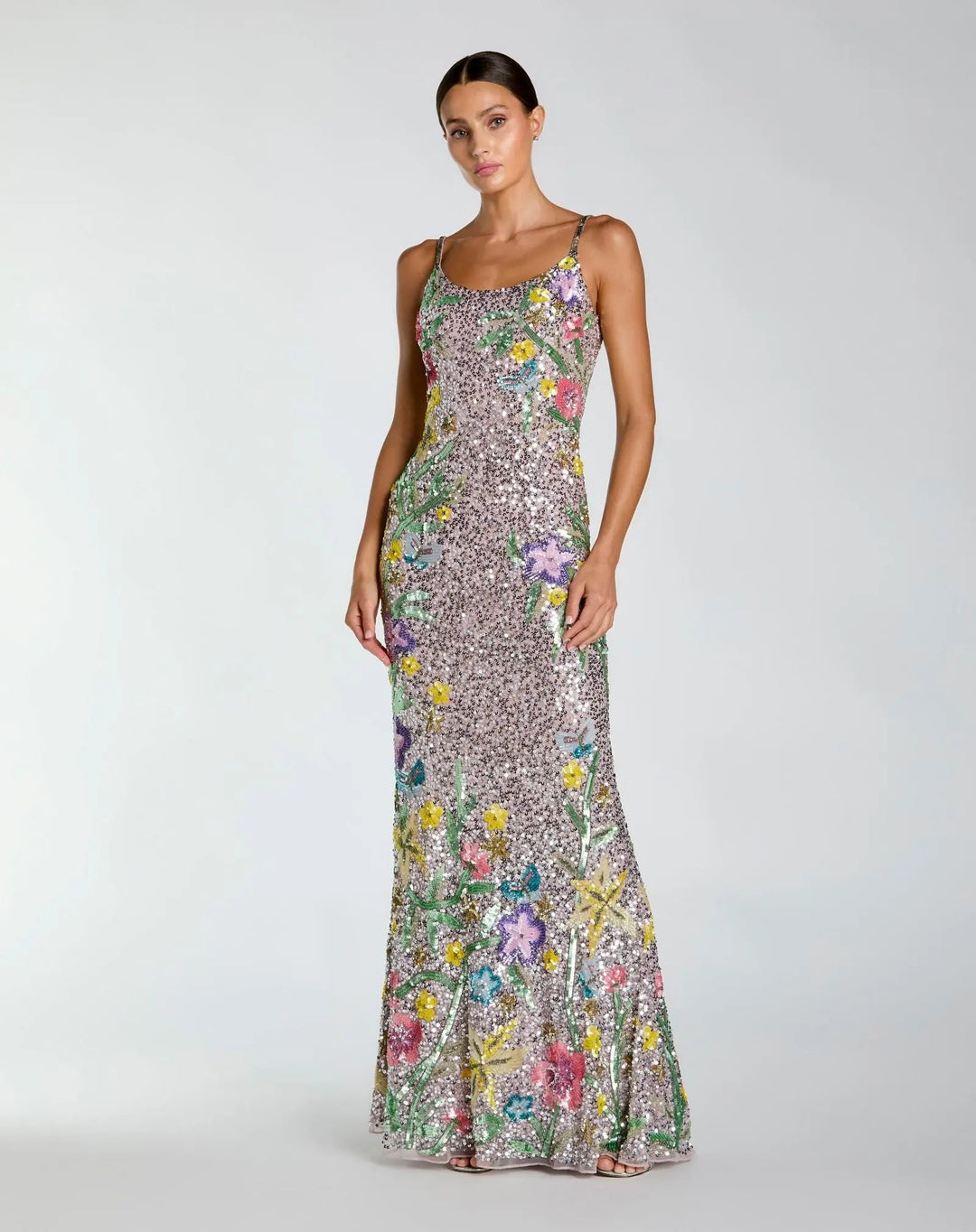 Silver Embellished Sleeveless Cowl Back Gown - FOSTANI.com