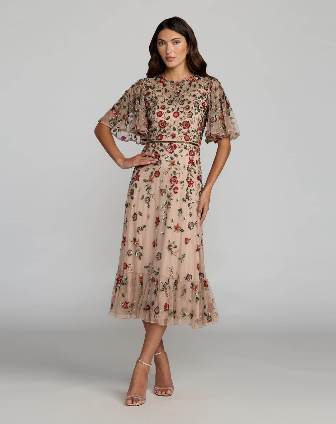 Beige Floral Embellished Flutter Sleeve Midi Dress - FOSTANI.com