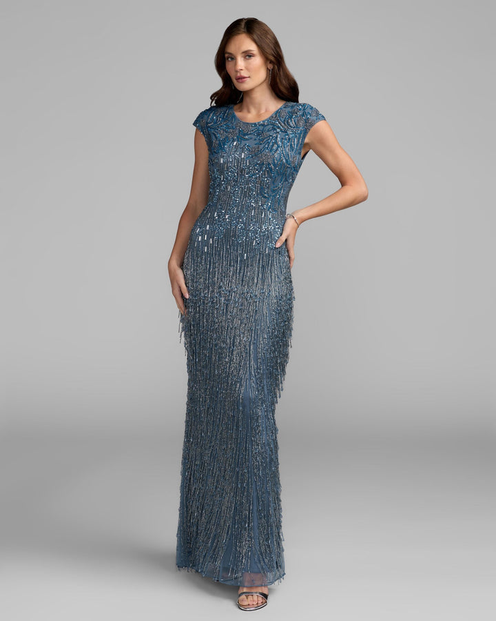Mac Duggal 6169 Embellished Cap Sleeve Gown With Fringe Beading Dress