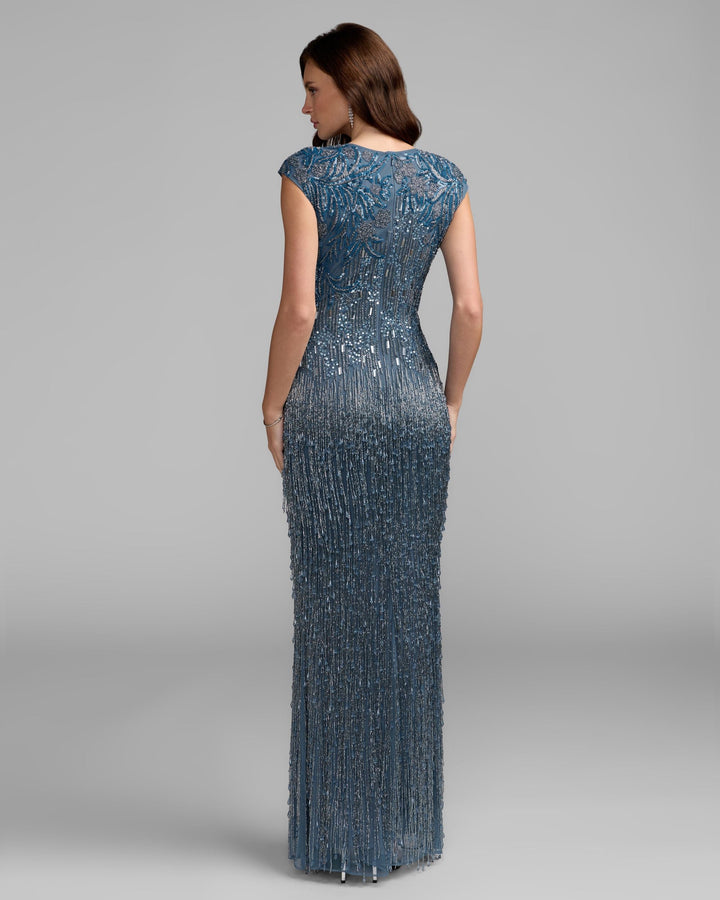 Mac Duggal 6169 Embellished Cap Sleeve Gown With Fringe Beading Dress