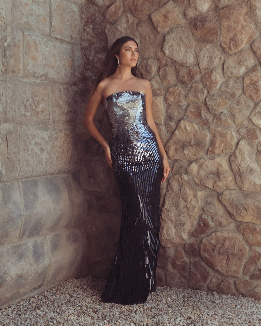 Mac Duggal 6265 Ombre Sequin Strapless Fringe Gown