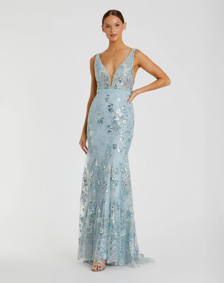 Mac Duggal 67481 Floral Embellished Sleeveless Plunge Neck Gown