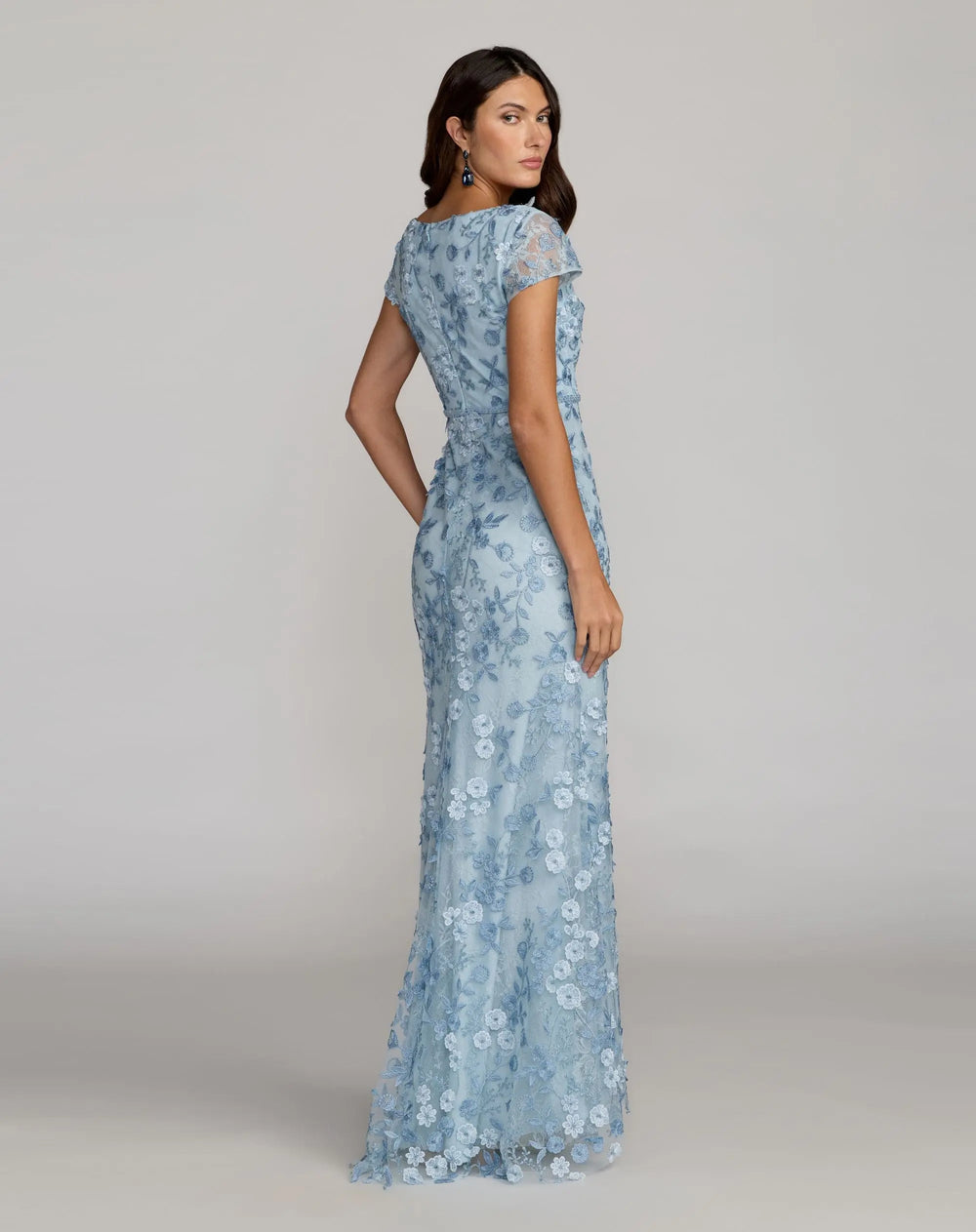 Blue Floral Applique Boat Neck Cap Sleeve Gown - FOSTANI.com