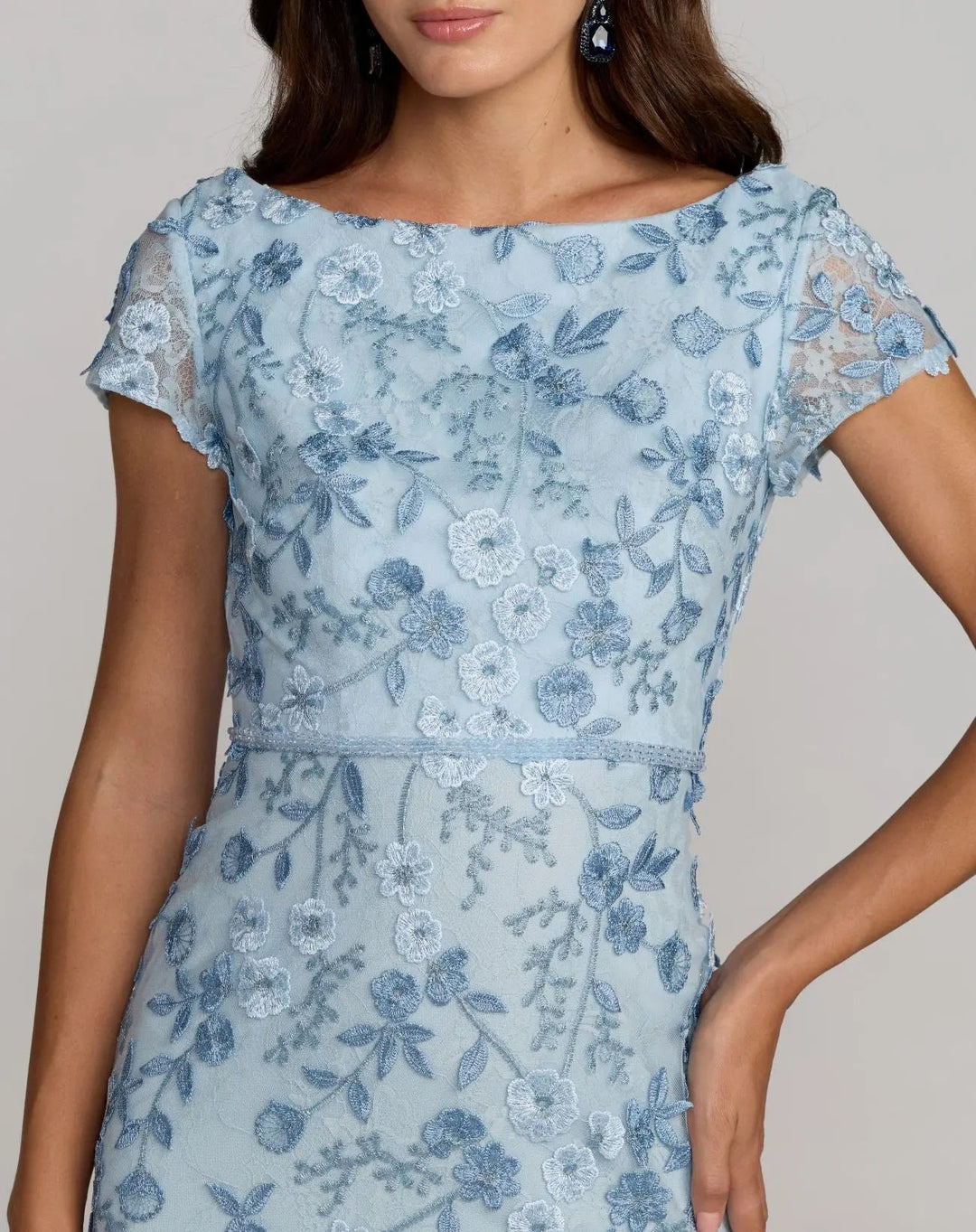 Blue Floral Applique Boat Neck Cap Sleeve Gown - FOSTANI.com